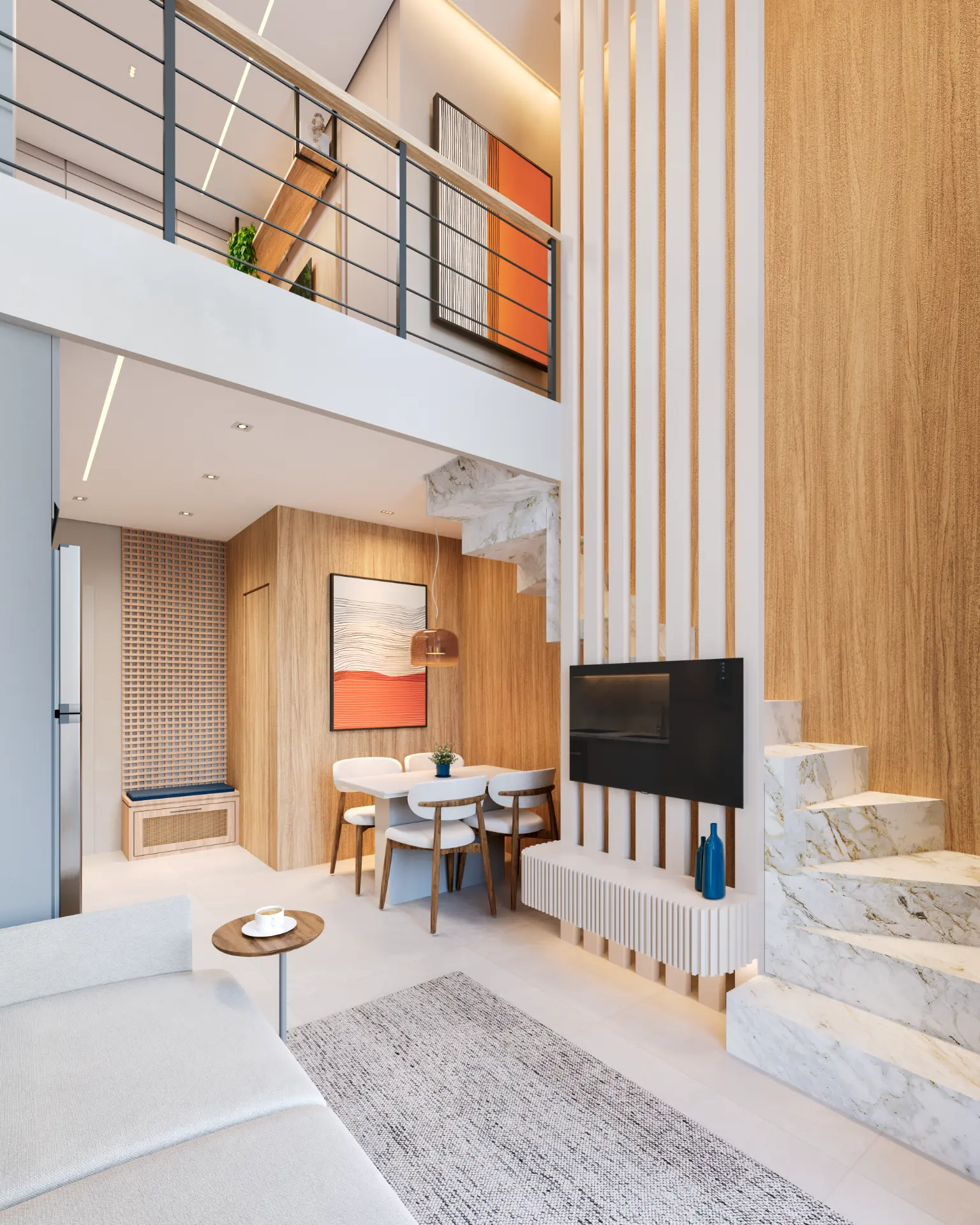 Loft duplex com pé-direito duplo, mezanino e escada em mármore